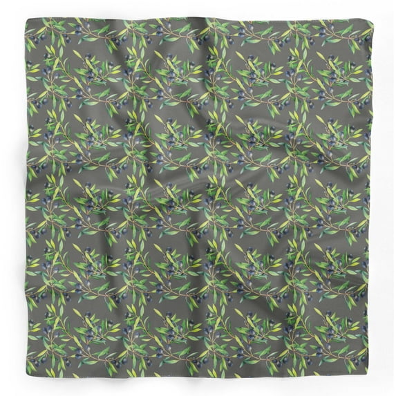 Bimba Gray Leaves & Black Berries Fruits Printed Pure Silk Scarf Neck Wrap Summer Hair Bandanas For Women 40 x 80 Inches