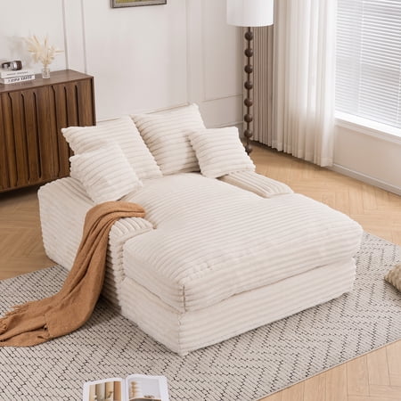 MOONMISS 69in Corduroy Chaise Lounge Sofa Bed with 4 Pillows,No Assembly Chair Bed for Small Space Living Room Apartment,Beige