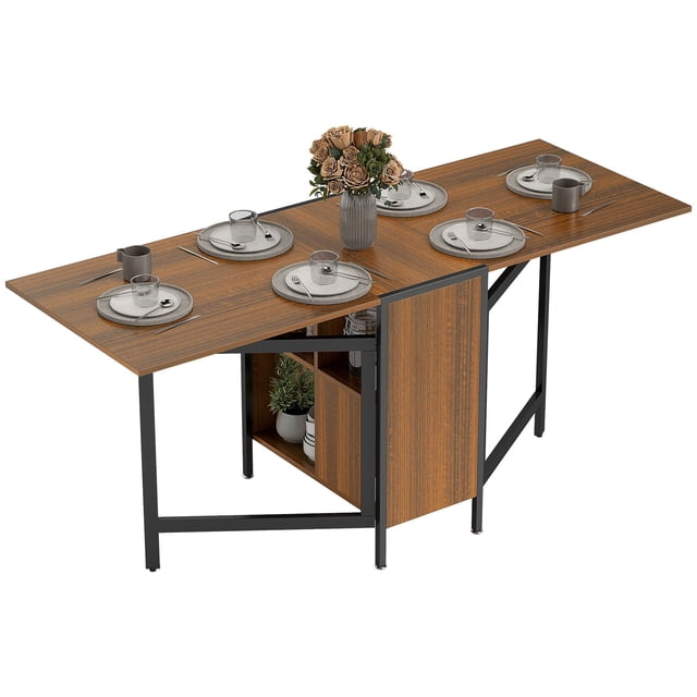 Brown Foldable Drop Leaf Dining Table with Storage Shelves - Space-Saving Table for Kitchen, Dining, Study & Office - MDF & Steel, 66.5" Wide