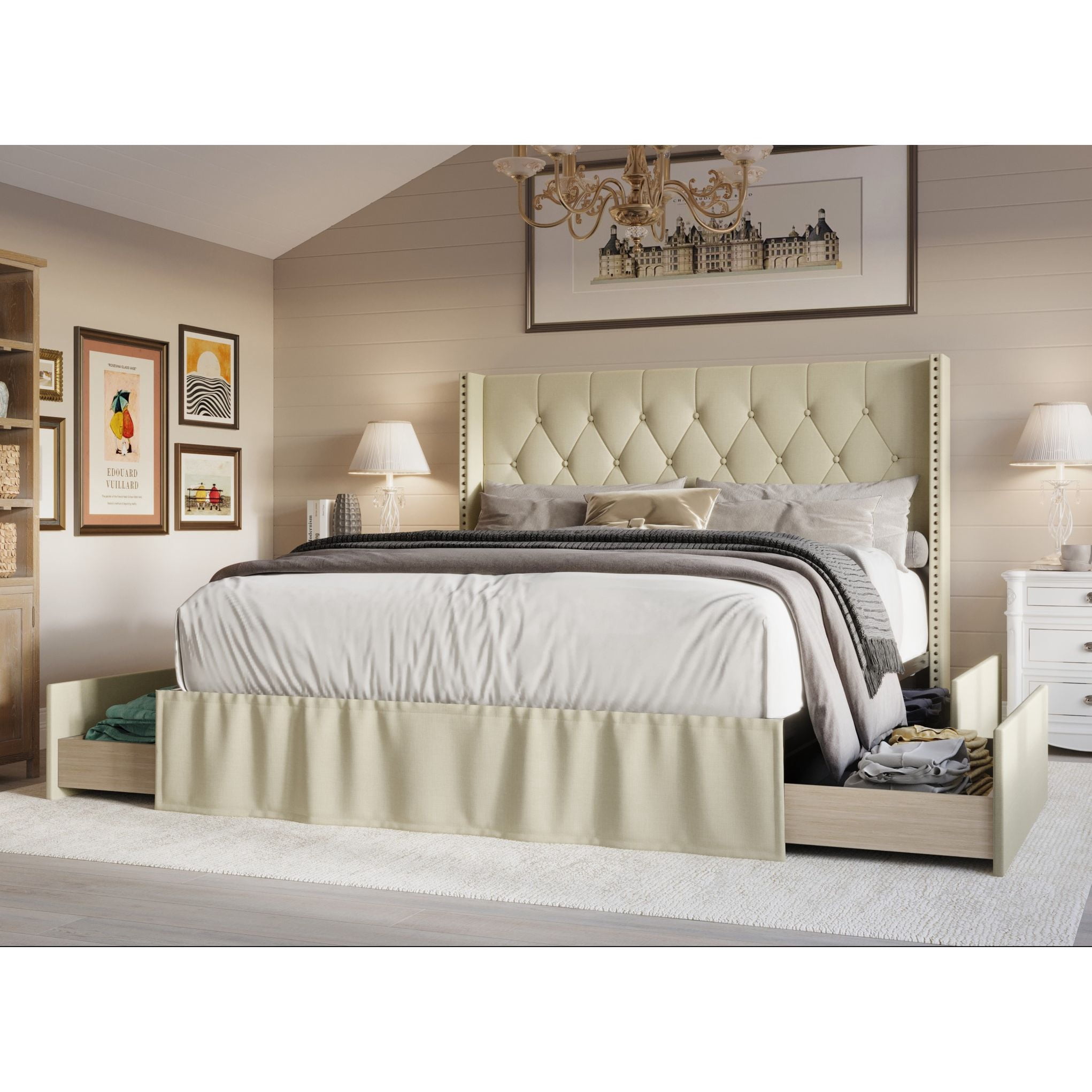 Home Design Andrea Queen Upholstered Storage Panel Bed Frame, Button Tufted Linen Wingback Headboard, Beige – Modern Adult Bedroom Furniture