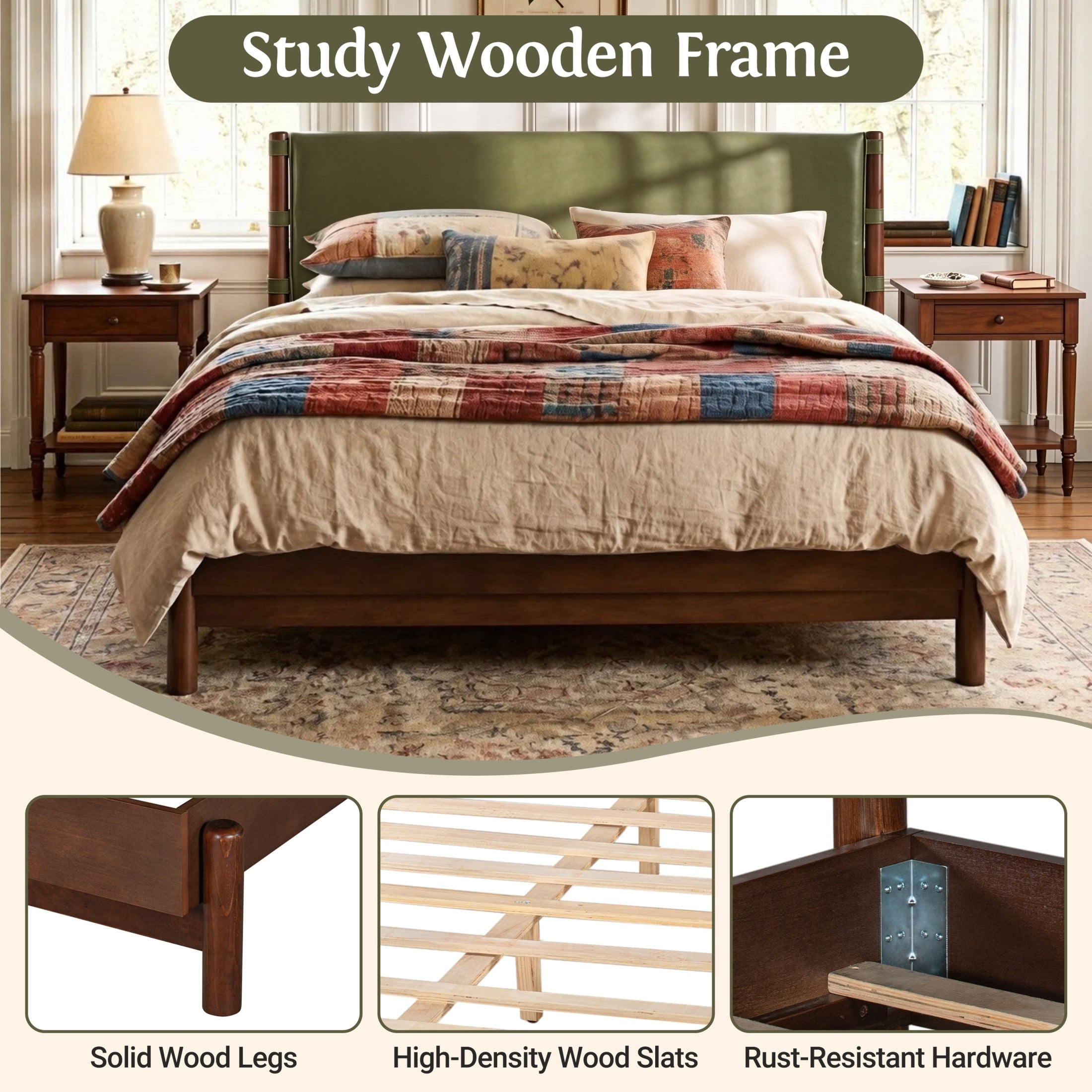 Christopher Knight Home Queen Modern Wood Platform Bed with PU Upholstered Headboard, Walnut+Olive