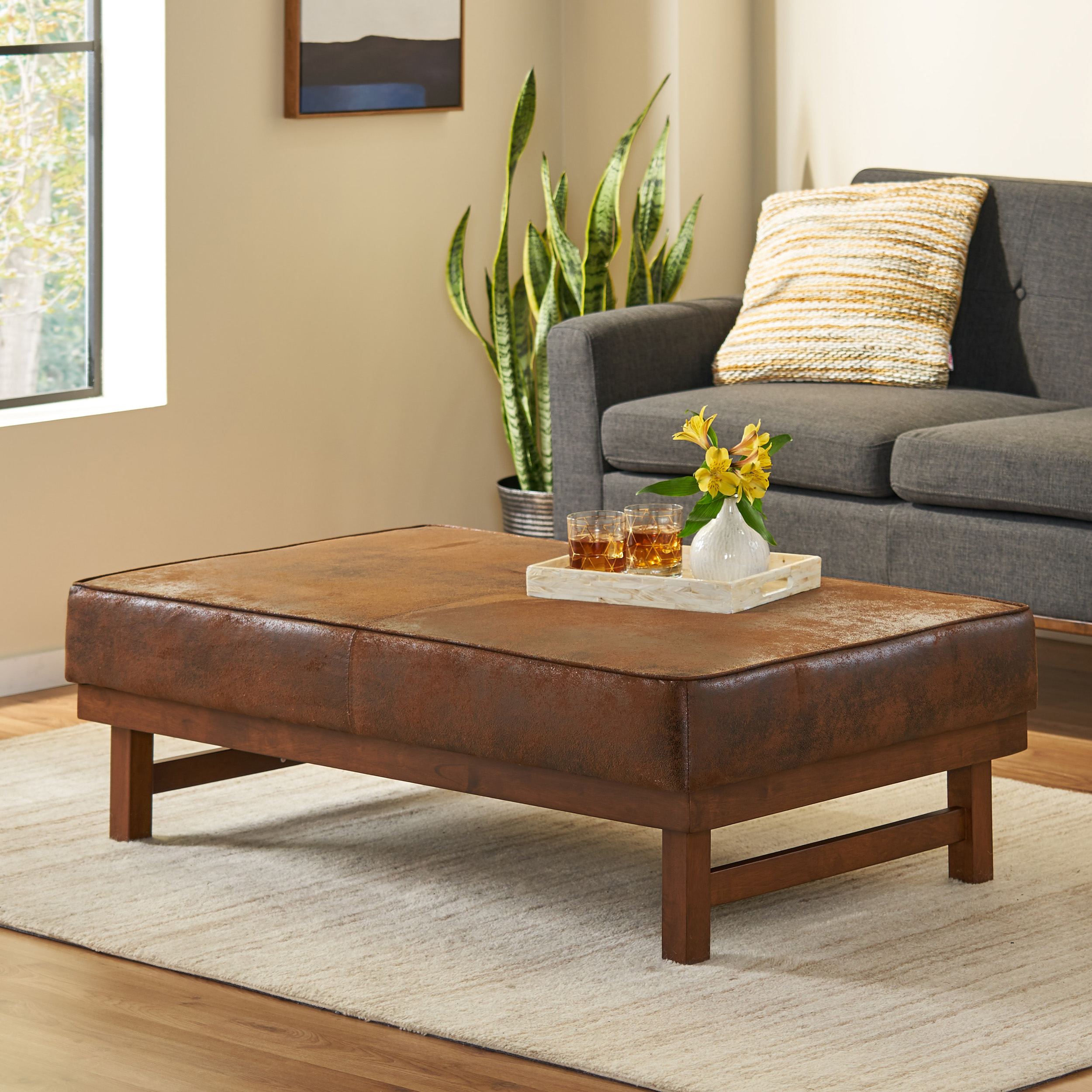 Noble House Clare Microfiber and Wood Cocktail Ottoman, Brown and Walnut