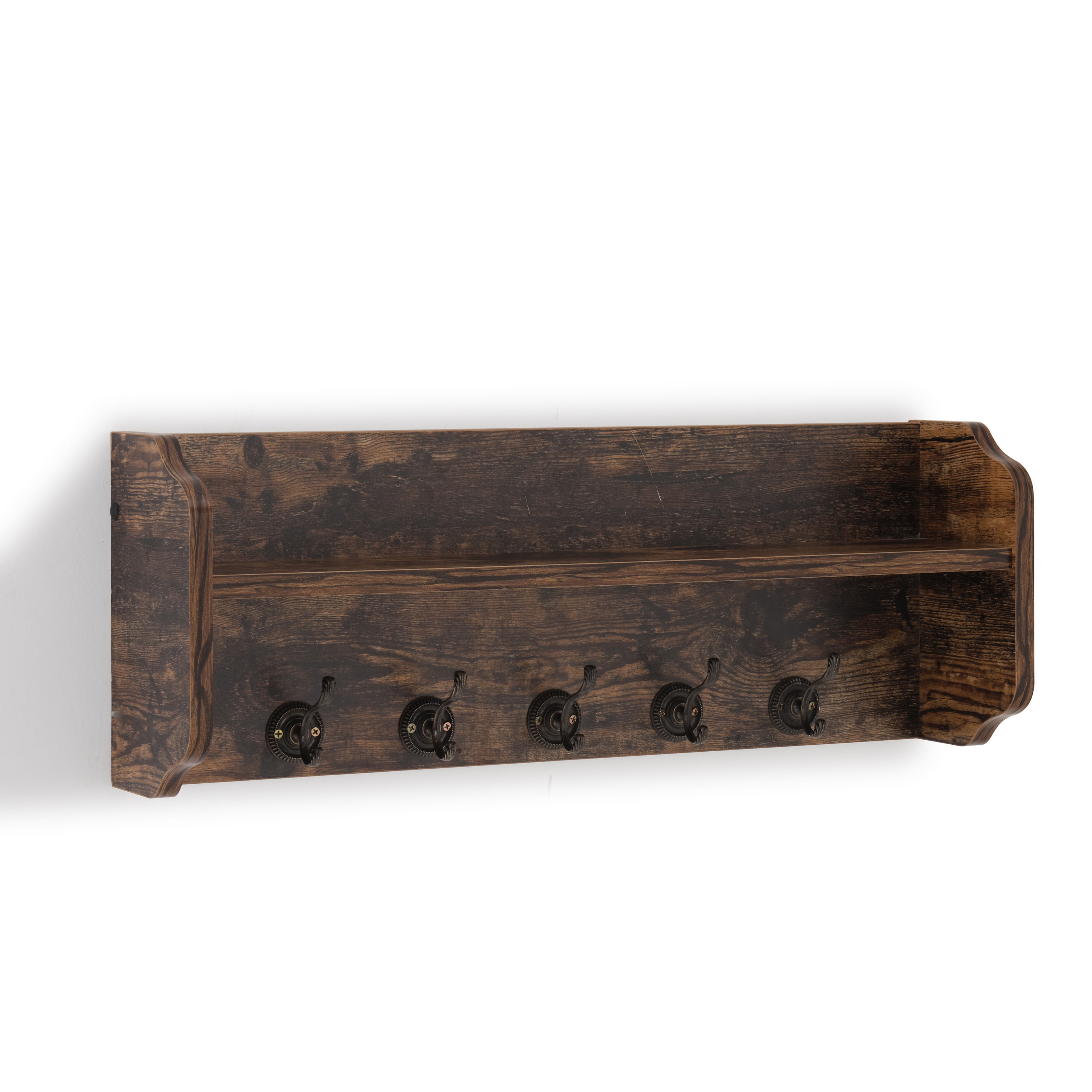 Danya B. Contemporary 5.5" x 25" Medium Distressed Pine Brown MDF Floating Entryway Shelf with Hooks
