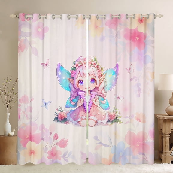 Feelyou Dreamy Monogrammed V Curtains Pack of 2 (42x84 Each), Princess Fairy Elf Curtains Blackout, Pink Flower Butterfly Bedroom Curtains, Microfiber Bedroom Decor
