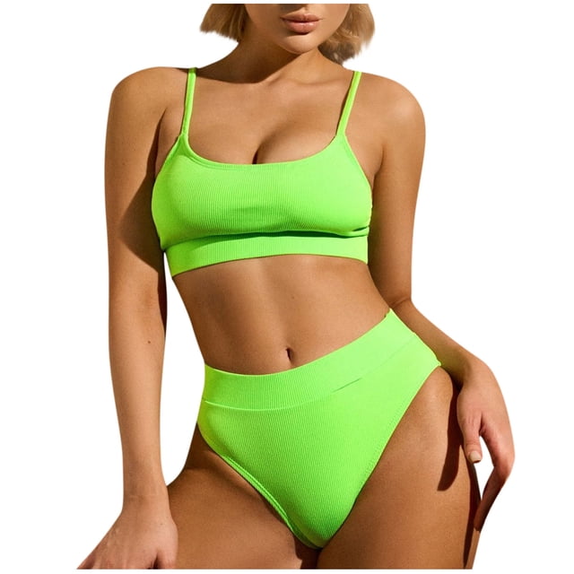 High Waisted Swimsuit, Women's Solid Color High Waisted Small Stripe Bikini Foreign Trade Swimsuit