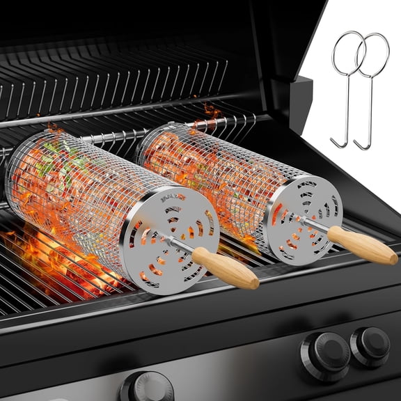 Rolling Grill Basket Grilling Gifts for Men, Nesting Grilling Baskets for Vegetable Small Meat, Removable Handle, 304 Stainless Steel, Outdoor Grill Accessory BBQ Gift for Birthday & Christmas