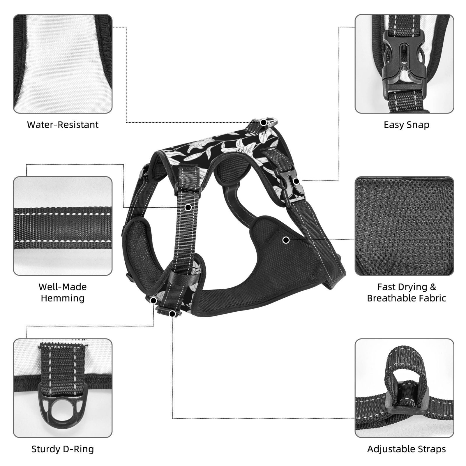 Kdxio Lilies Flowers Print No Pull Dog Harness Adjustable Reflective Oxford Easy Control Medium Large Dog Harness for Training and Everyday-Small