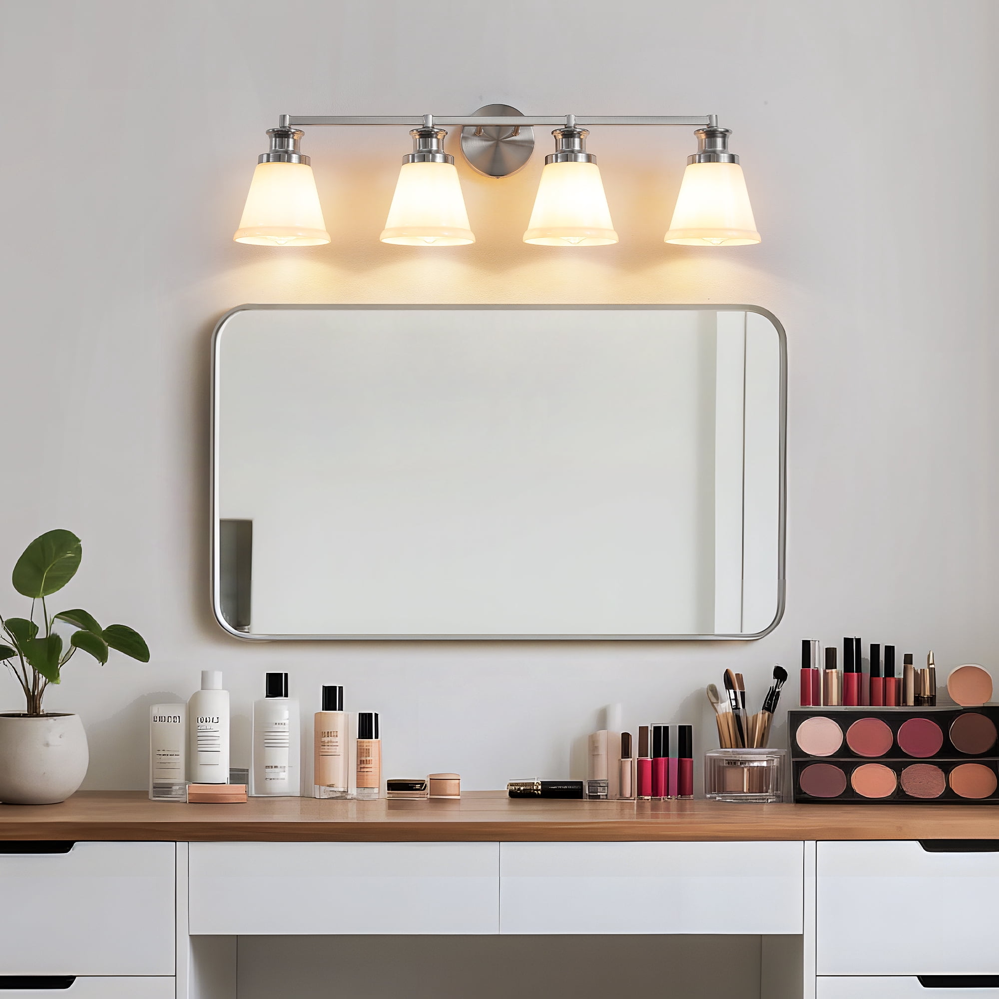 Bathroom Vanity Light Fixtures 4 Lights Modern Bathroom Lighting Fixtures Over Mirror with Frosted Milky Glass Shade Brushed Nickel Wall Sconce for Bath Bedroom