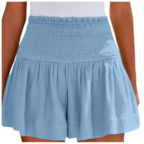 XIYON Shorts For Women Cotton High Elastic Waisted Pleated Ruffle Shorts Beach Flowy Casual Streetwear Lightweight