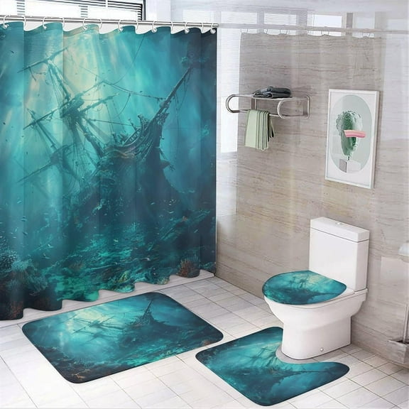 4Pcs Old Shipwreck Shower Curtain Set with Toilet Lid Cover U-Shaped Mat and Non-Slip Rugs, Colorful Fish Shoal Boat Spooky Theme Shower Curtain Bathroom Decor Set, 72" X 72"