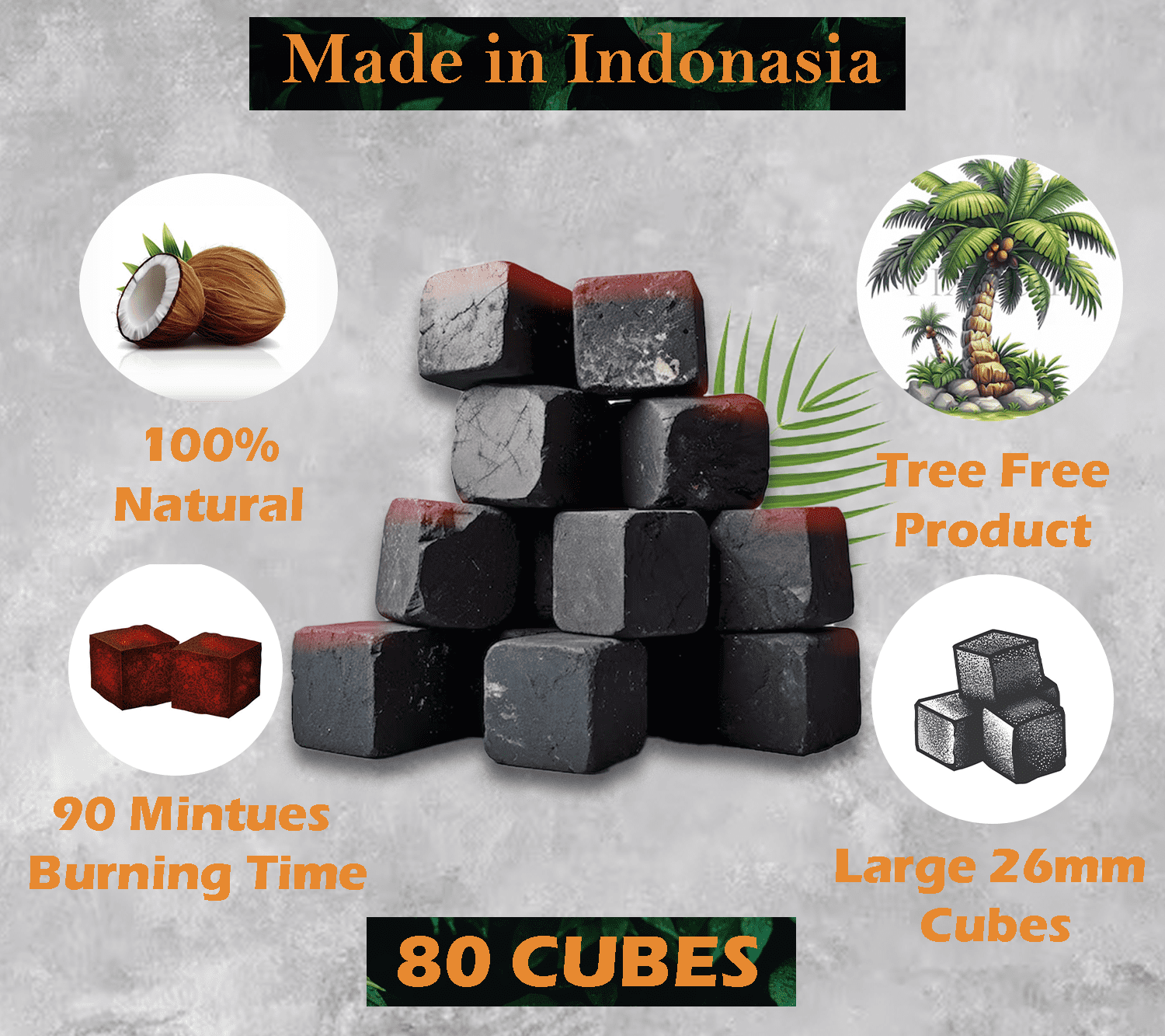 Coco Hamra* Natural Coconut Shell Charcoal Cubes - 6400pcs Coals - Made from Natural Coconut Incense Briquettes | Made in Indonesia | 26mm Charcoal Incense Cubes| Master case 10KG