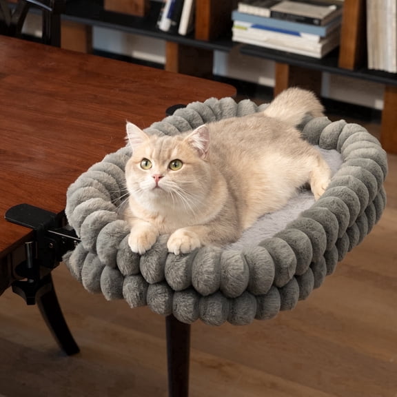 CheerPals Cat Desk Bed, 21*15in Double-Layer Foldable Cats Hammock, Plush&Grids Design for All Reason(Medium,Grey)