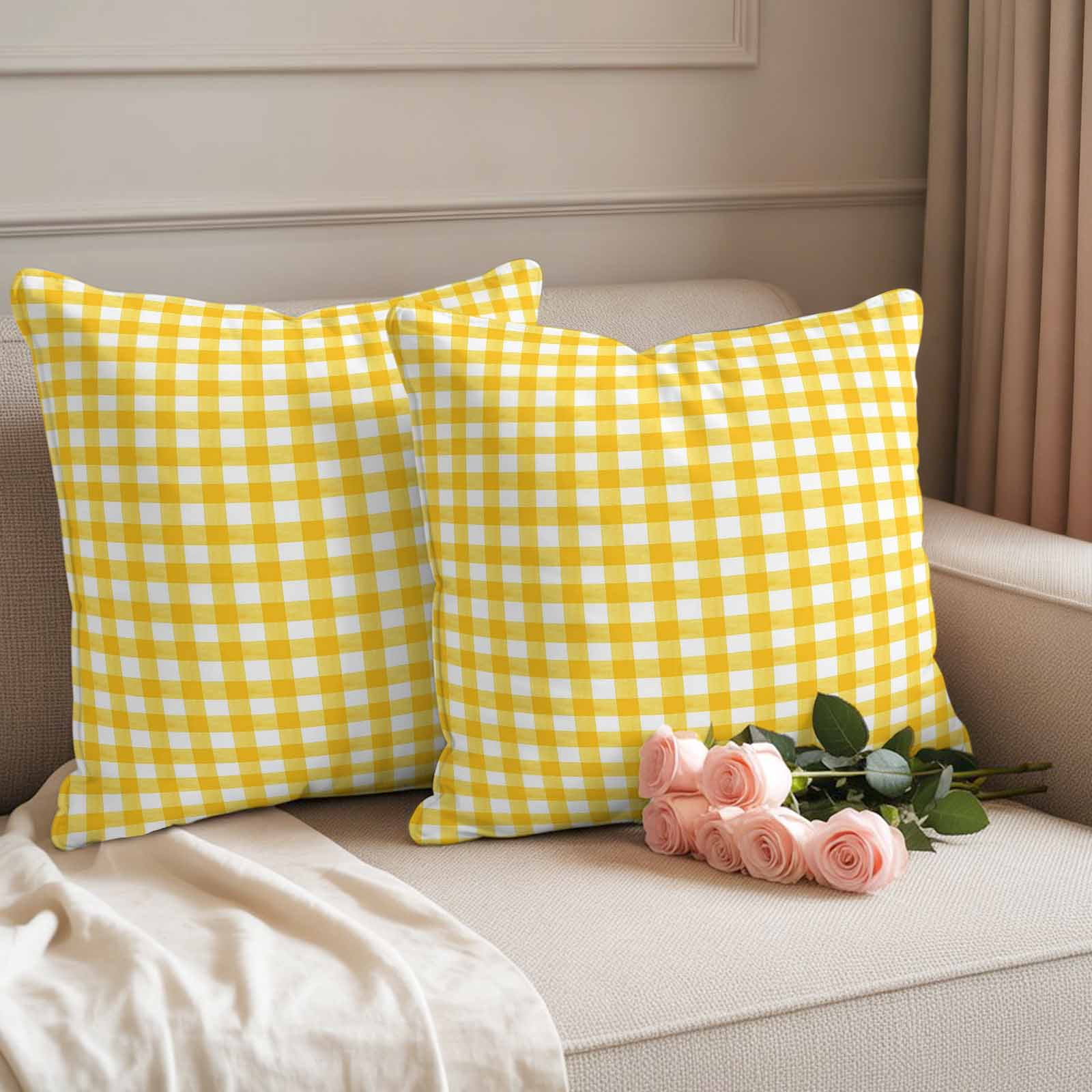 Pack of 2 Outdoor Pillow Covers,Waterproof Yellow Throw Pillow Covers,Country French Rustic Buffalo Plaid Modern Art Decorative Pillowcases Cushion Covers for Couch Pillow Sham Protector 24x24 Inch