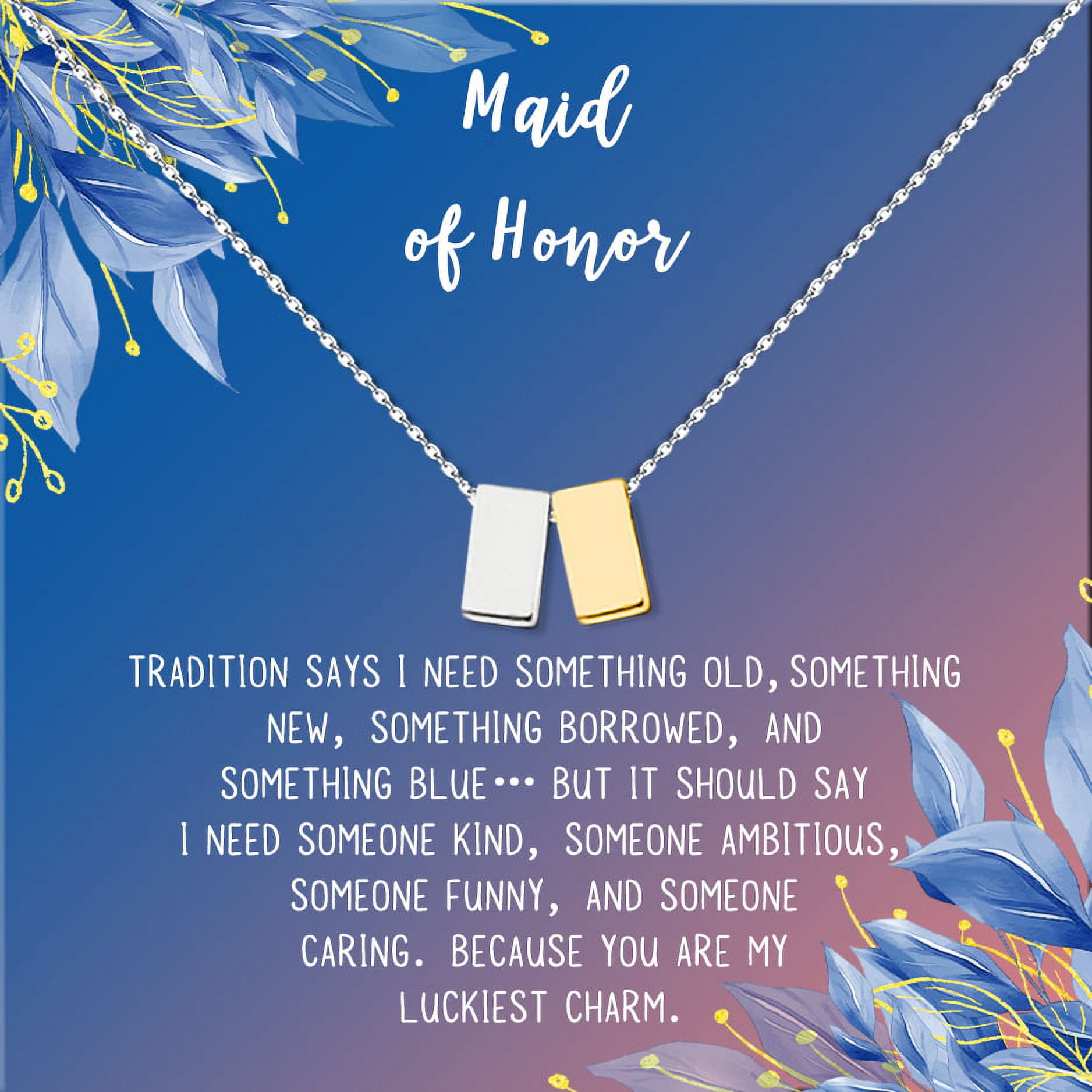 Anavia Maid of Honor Necklace Gift, Maid of Honor Sister Gift, Maid Of Honor Card for Girls, Wedding Gifts Jewelry Necklace-[Silver and Gold Double Cube, Blue-Orange Gift Card]