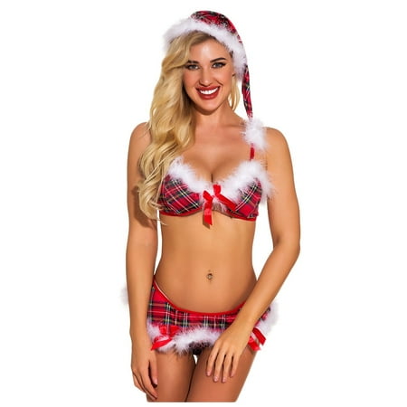 

Lingerie for Women Plus Size Christmas Hat Lattice Bow Thong Pajamas Underwear Push Up Matching Bra and Panty Sets for Women Comfy Red L