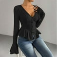 thumbnail image 4 of DAFPZW Womens Bell Sleeve Peplum Sweaters Fashion Fall V-Neck Button Down Elegant Ruffle Hem Sexy Slim Knit Tops Clothes, 4 of 6