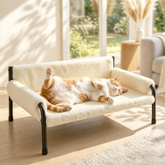 Pawaboo Elevated Cat Hammock Bed – Reclined Backrest & Sturdy Metal Frame, Fluffy Sofa with Removable Washable Cover, Comfort Pet Chair for Indoor Kittens & Cats at Home, Beige