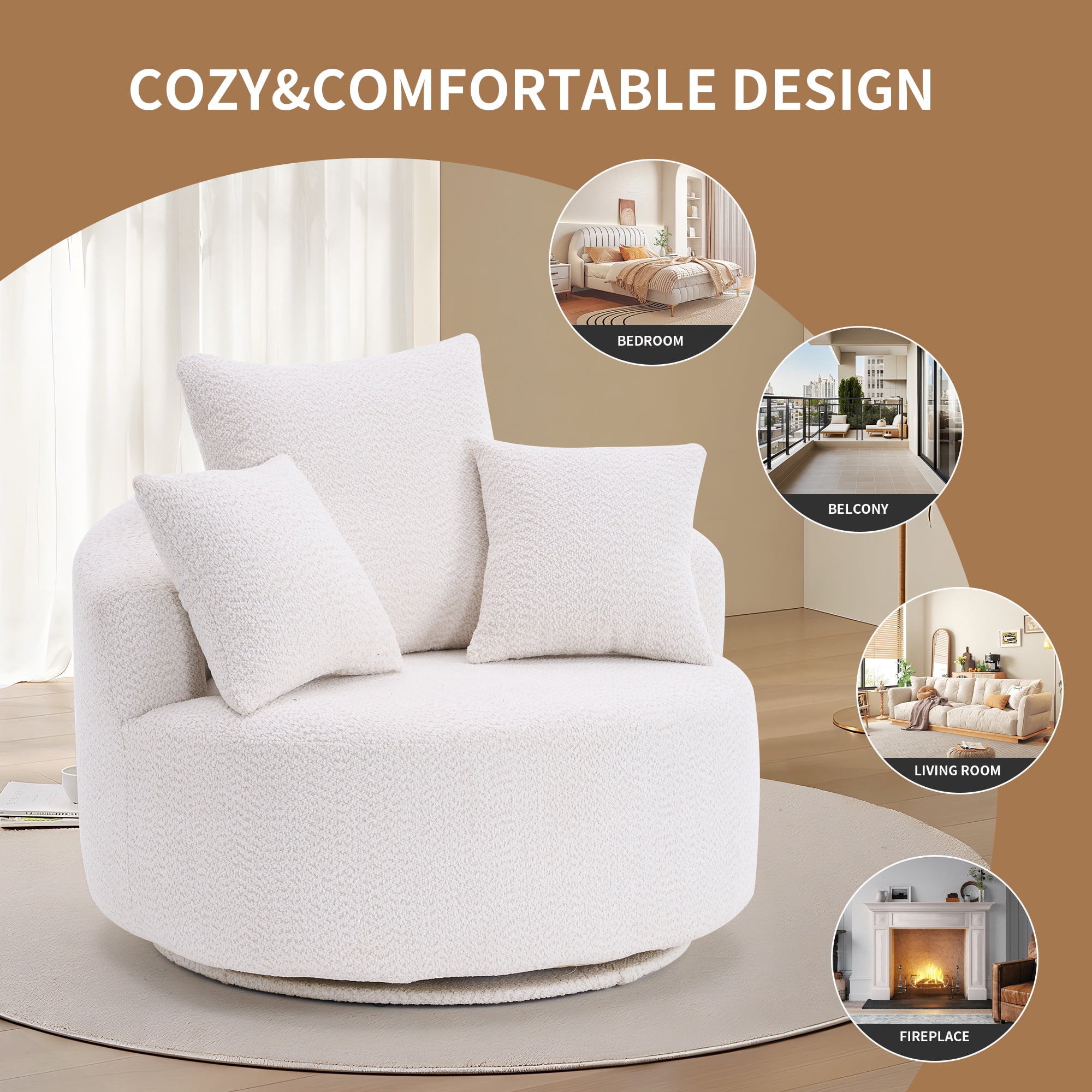 PORKISS Oversized Swivel Accent Chair Barrel Chair, Crochet Yarn Upholstered Armchair with 3 Pillows, Round Armchair Leisure Sofa Chair for Living Room Office Lounge Hotel, White