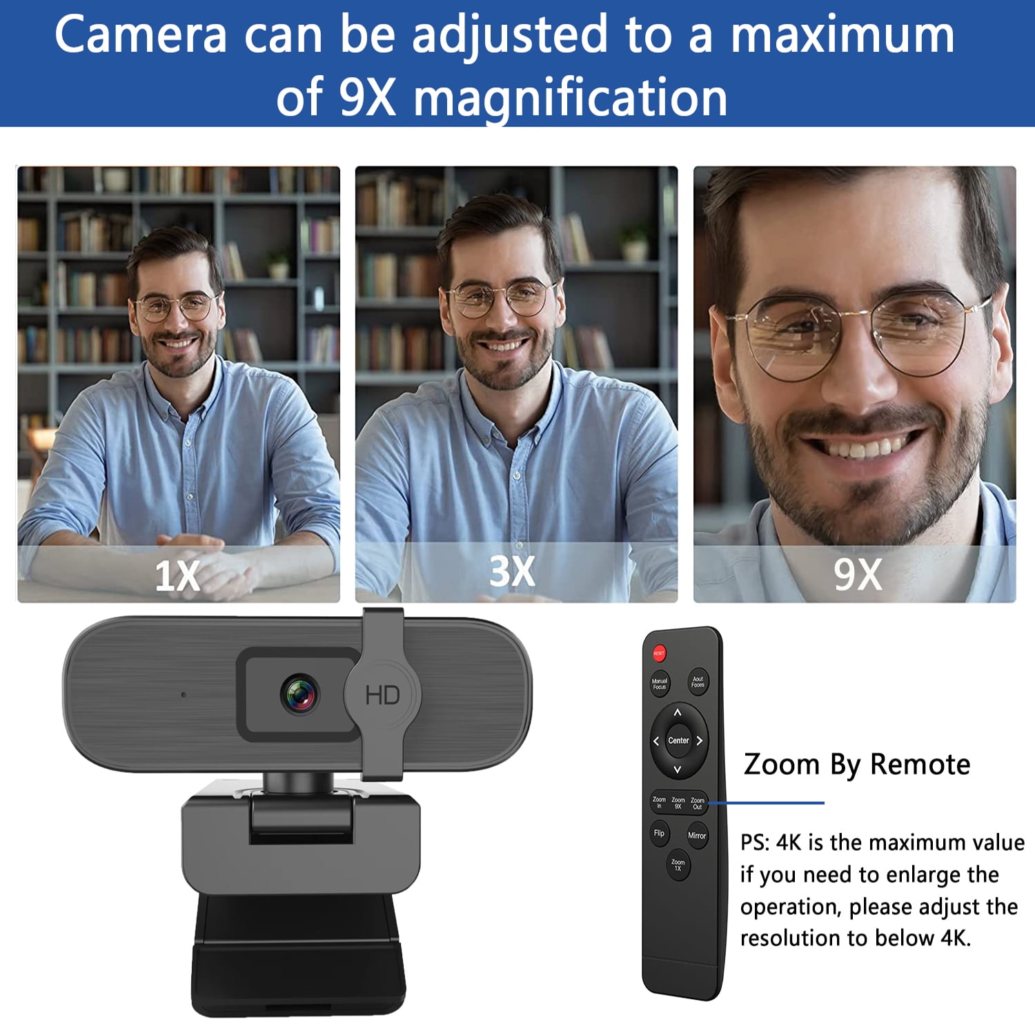 4K Webcam for PC, Auto-zoom,with remote control,Privacy Cover, White Balance, Webcam with Microphone, Plug & Play, 4K Web Camera for Laptop/Desktop, Video Calling,Conferencing