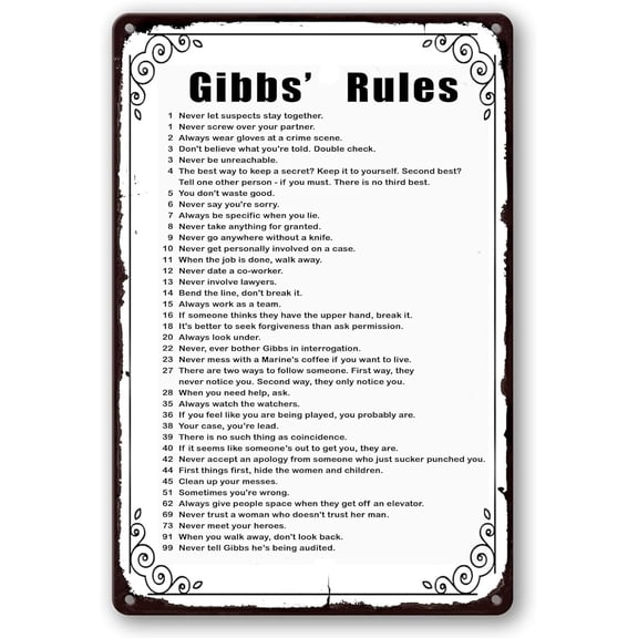 Vintage Metal Sign Gibbs Rules Funny Wall Decor Retro Tin Poster for Home Bedroom Office Garage Bar Cafe Man Cave 8 x 12 Inches