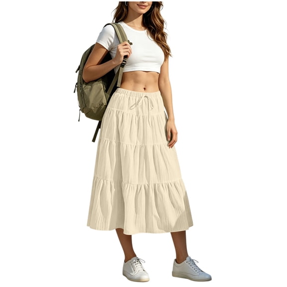 Skirts for Women Midi Length Comfortable Summer Elastic Waist Solid Color Pleated Drawstring Pockets Midi Skirts for Women
