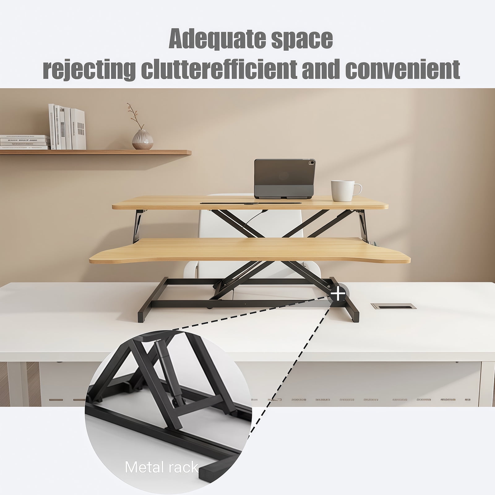 Standing Desk Converter, 32 Inch Standing Desk Adjustable Height for Table Tops and Home Office, Desk Riser Computer Workstation with Wide Keyboard Tray 2-Tier Desktop, Natural Wood