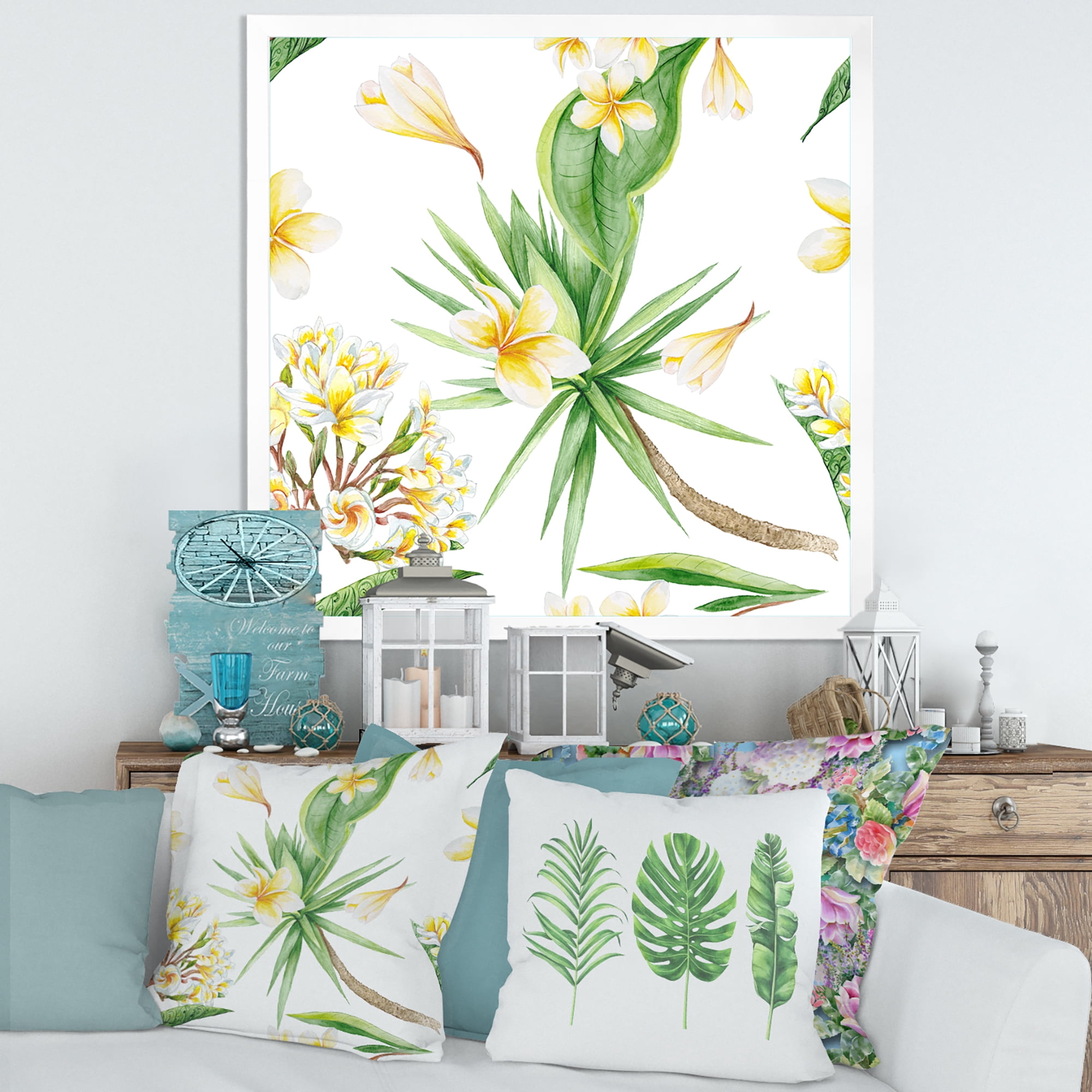Designart 'Yellow Flowers and Tropical Foliage V' Modern Framed Art Print