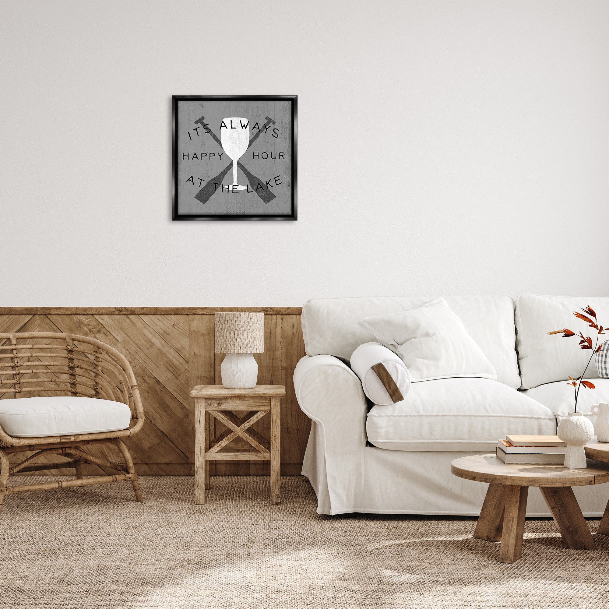 Stupell Industries Always Happy Hour At Lake Typography Painting Black Floater Framed Canvas Art Print Wall Art, 25 x 25