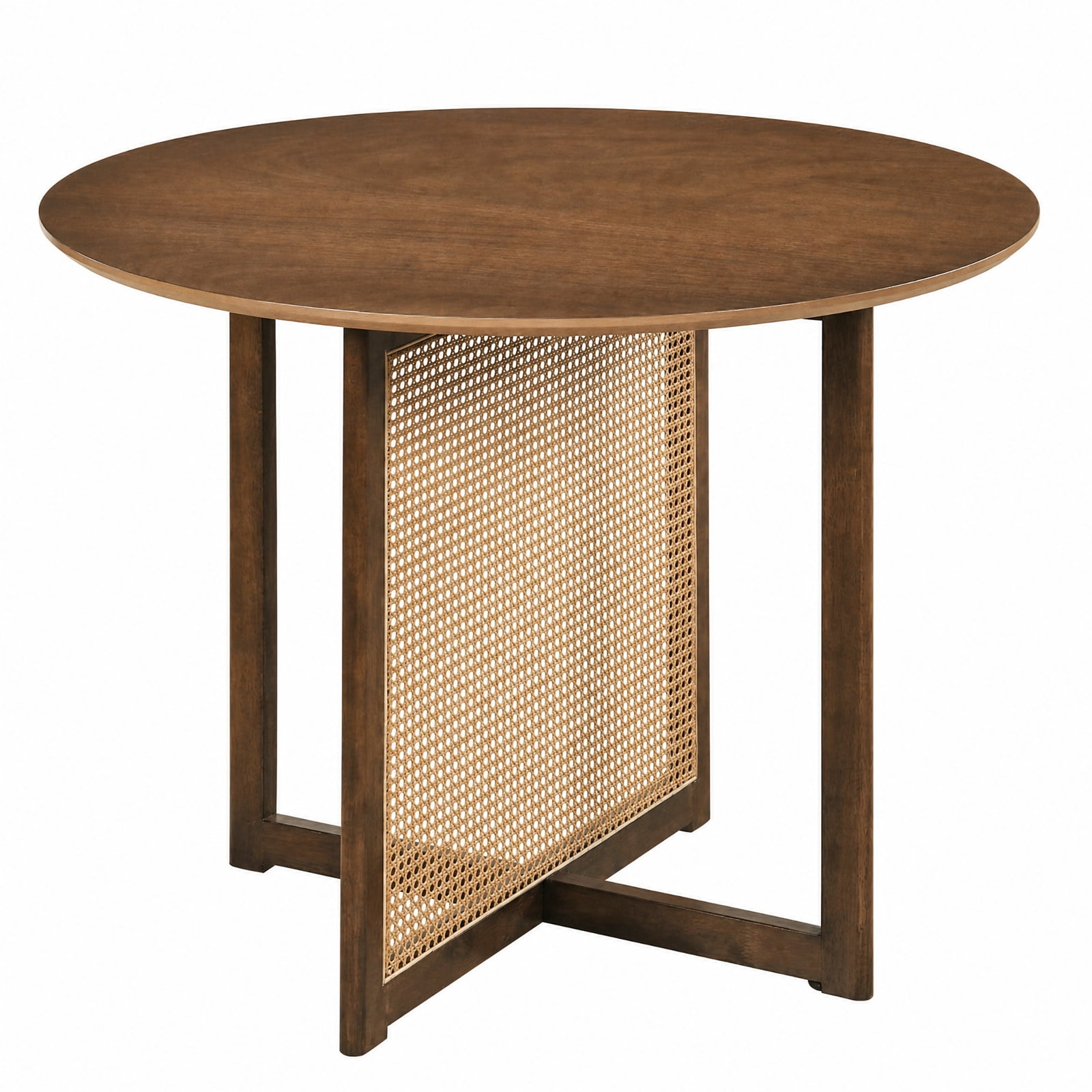 Furnibear 37 Inch Round Dining Table for 4 with Cross Pedestal Base and Rattan Accent for Kitchen and Breakfast Nook, Walnut