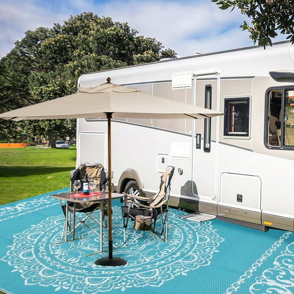 FairOnly 8'x10' Light Blue Outdoor Washable Area Rug for Patio Reversible Waterproof Rug for RV Trip Stain Resistant Rugs