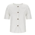 thumbnail image 4 of Wyobmus Womens Linen Button Down Shirt Half Sleeve Crew Neck T Shirt Lightweight Solid Cotton Collared Blouses With Pocket S-2X White, 4 of 6
