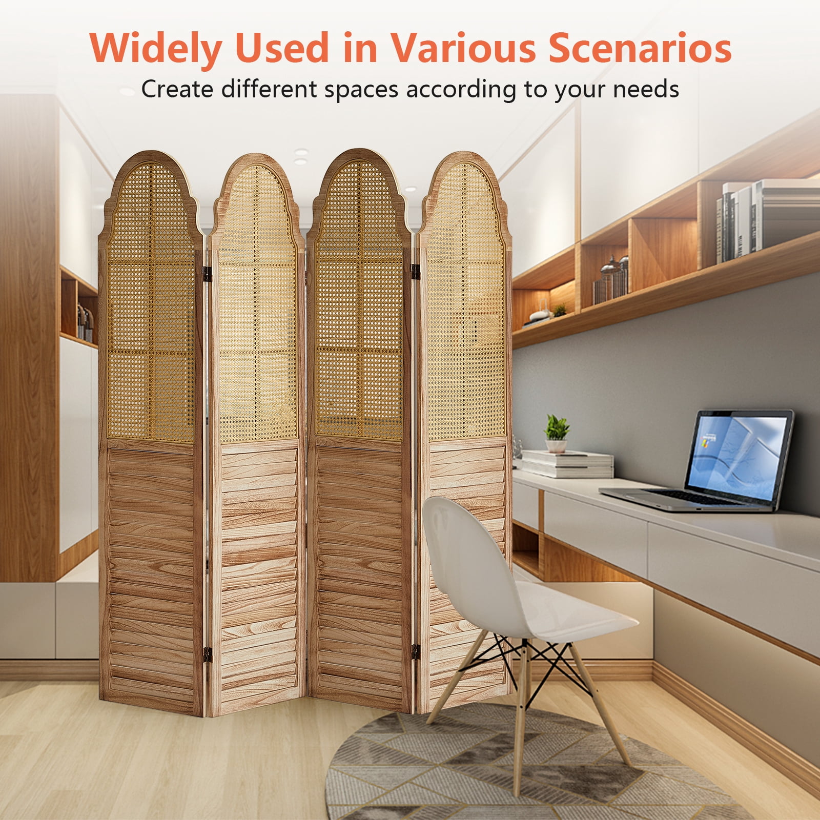 Aletheiawu 4 Panel Rattan Room Divider, Foldable Privacy Screen, No Installation, Light Brown