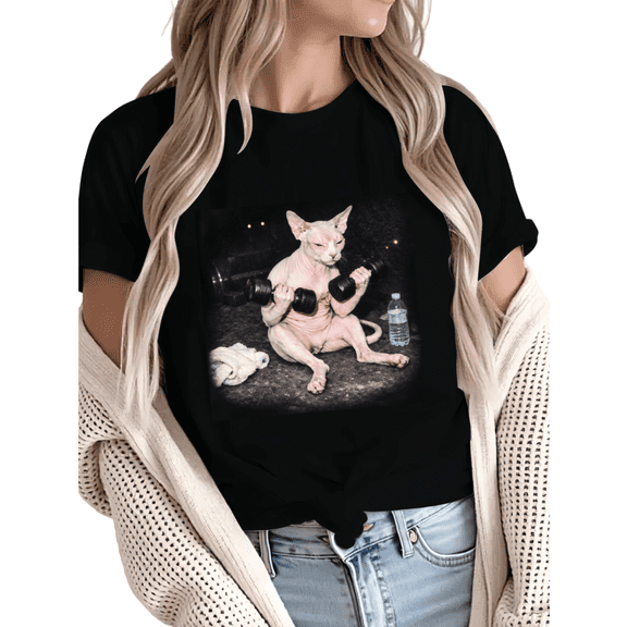 Women Sphynx Cat Gym Workout Graphic Fun Tees Tops Round Neck Cotton T-Shirt Black S-5XL