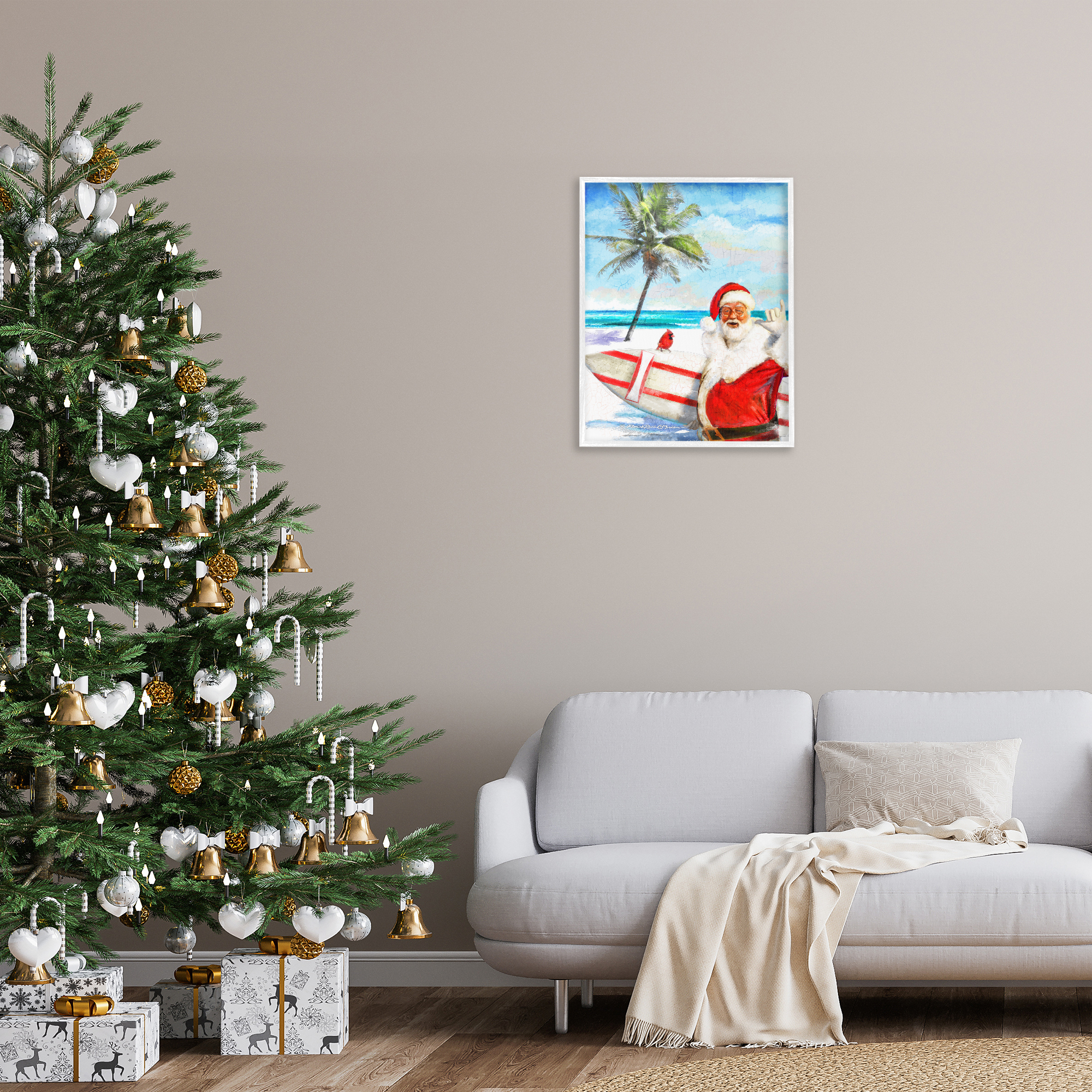 Stupell Industries Surfing Santa at Beach Holiday Painting White Framed Art Prints Wall Art, 24 x 30