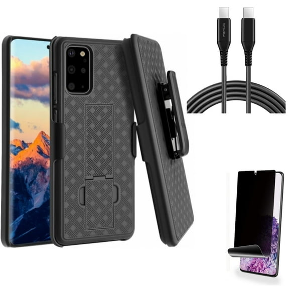 Case Belt Clip w Privacy Screen Protector w 10ft Long USB-C Cable for Samsung Galaxy S20 Plus - Holster Swivel Cover, TPU Film [NOT GLASS] [Fingerprint Works], PD Fast Charger fits Galaxy S20 Plus