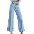 thumbnail image 2 of Jean pour Femme Taille Haute Extensible Ourlet Roulé Perle Pantalon en Denim à Jambe Grand Bleu Pâle TG, 2 of 9
