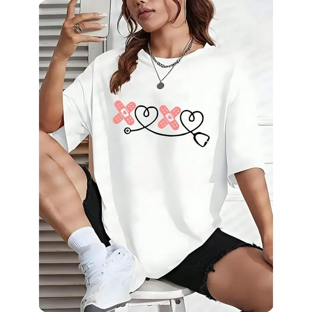 Heart Valentine's Day Heart Graphic Print T Shirt For Women's, Casual Fashion Round Neck T-Shirt Shirt Tops