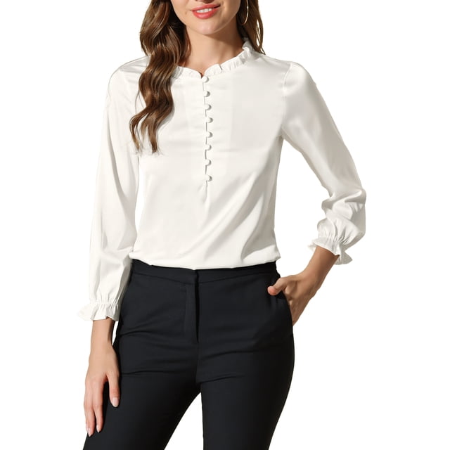 Blusa de oficina de mujer con cuello con volantes, mangas abullonadas, puños elásticos y botones XL blanca