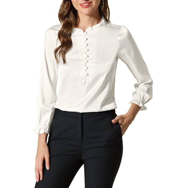 Blusa de oficina con cuello de volantes y mangas abullonadas para mujer INSPIRE CHIC, con puños elásticos, botón, color blanco M