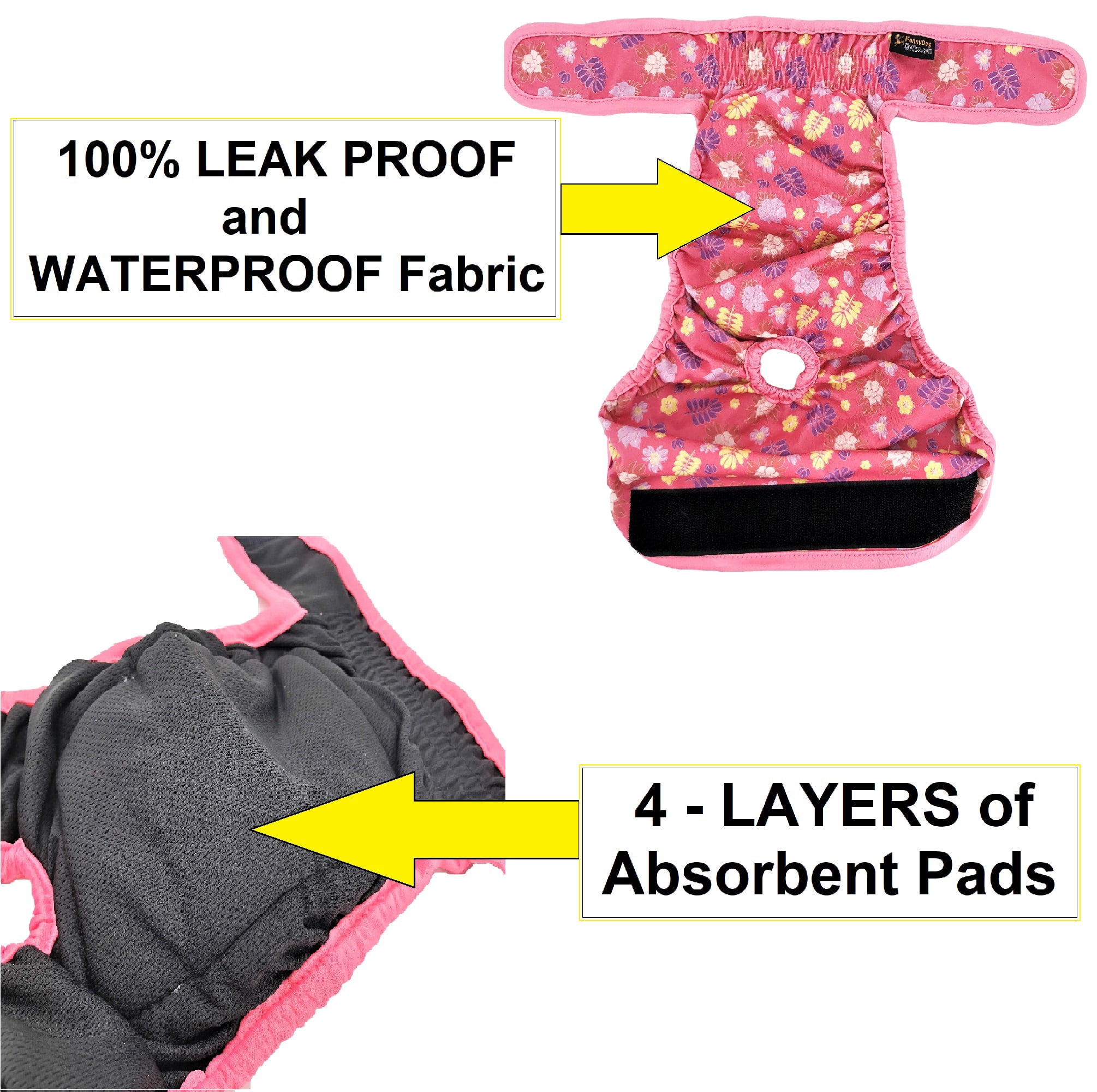 PACK of 3 Female Dog Diapers with 4 LAYERS of Absorbent Pads WATERPROOF Leak Proof Washable