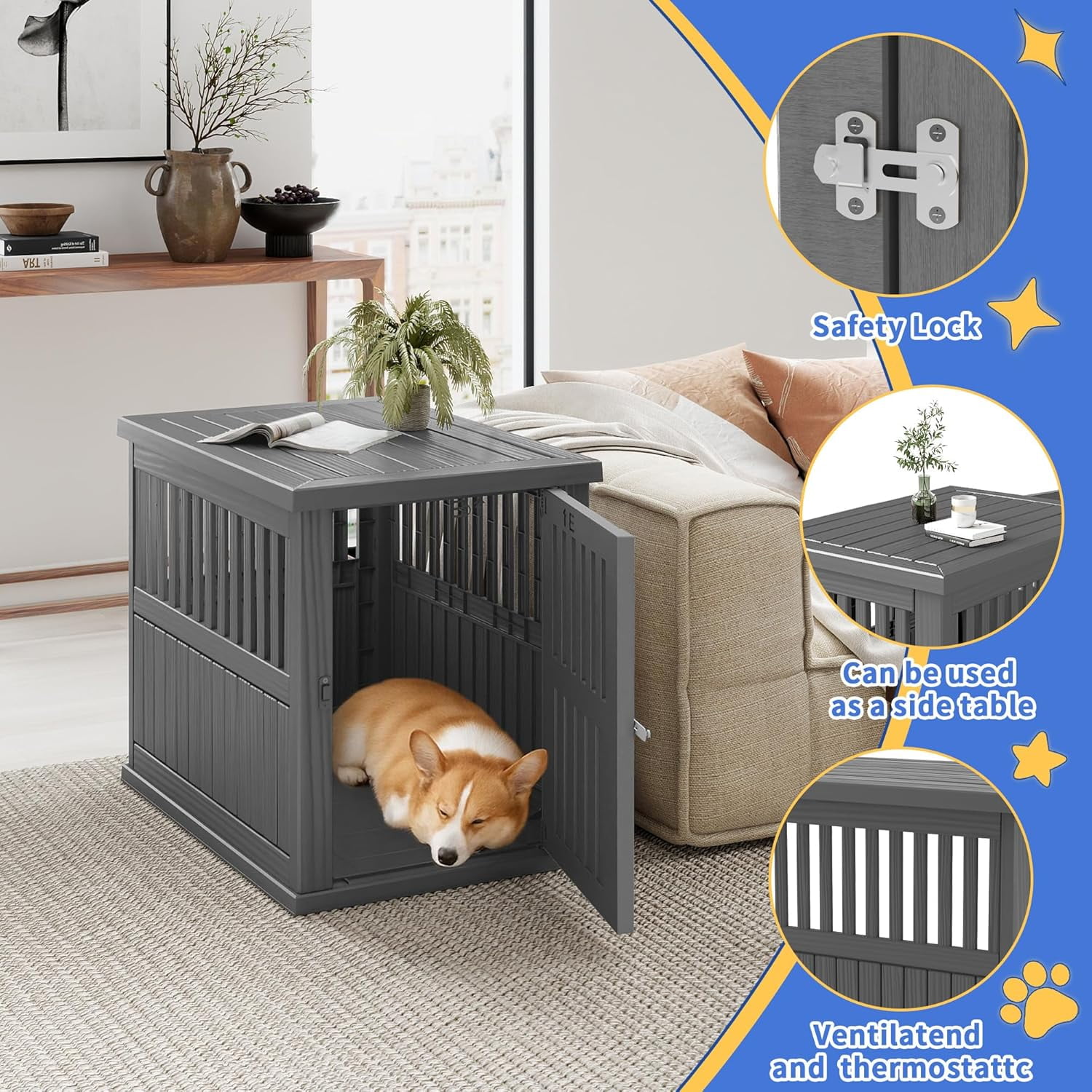 Dog House Resin Dog Crate Furniture Weatherproof Functional End Table for Indoor Living Spaces & Outdoor Patios