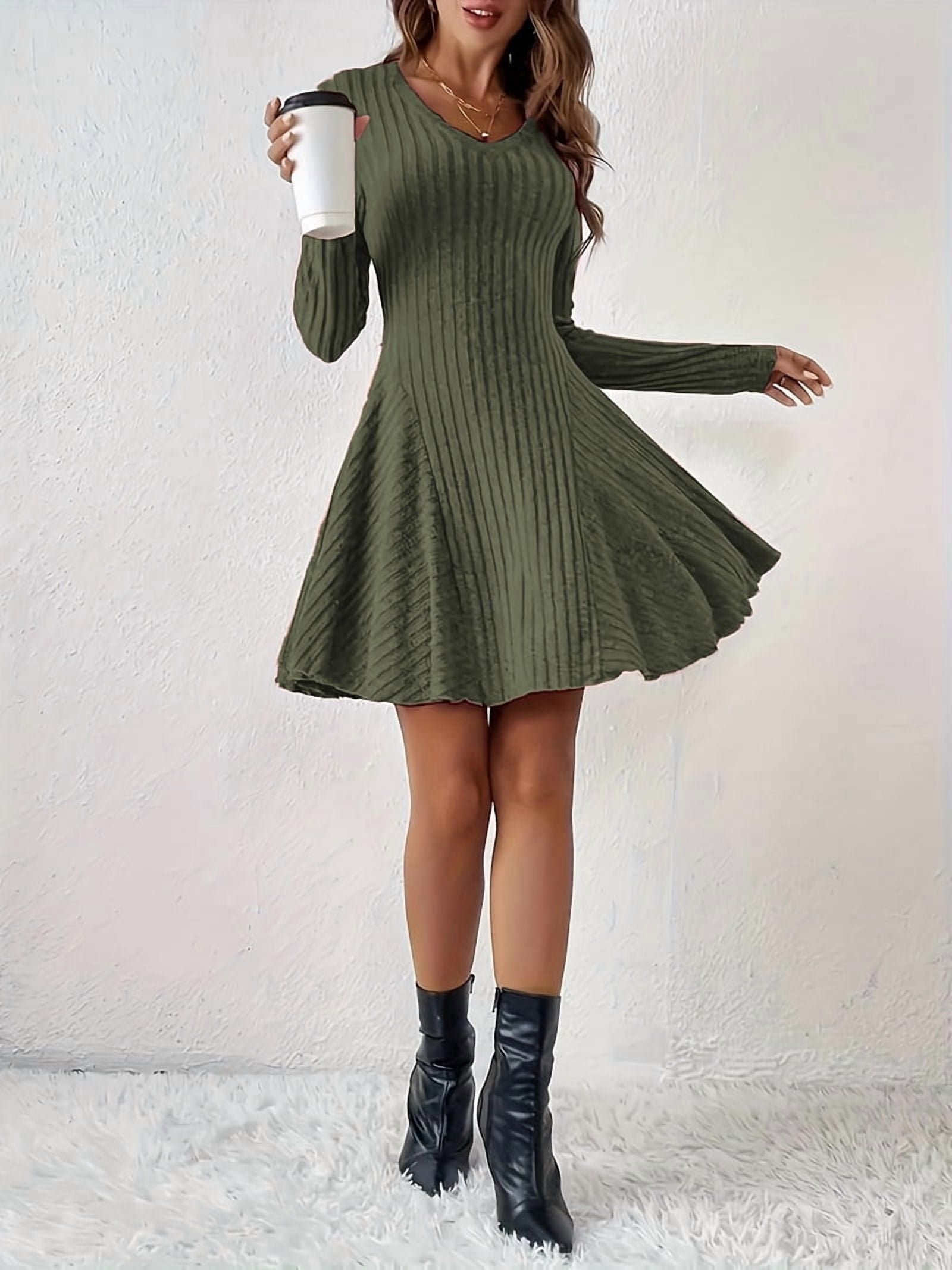 Women Long Sleeve Ribbed Knit Short Dresses Fall Winter V Neck Casual Swing A Line Sweater Dress Green M
