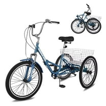 24"/26'' Folding Tricycle for Adults Seniors with Big Basket, 7 Speed Low-Step Through Frame 3 Wheel Bikes Suitable for Women, Men for Cycling, Shopping, Exercise, Support up to 450 LBS