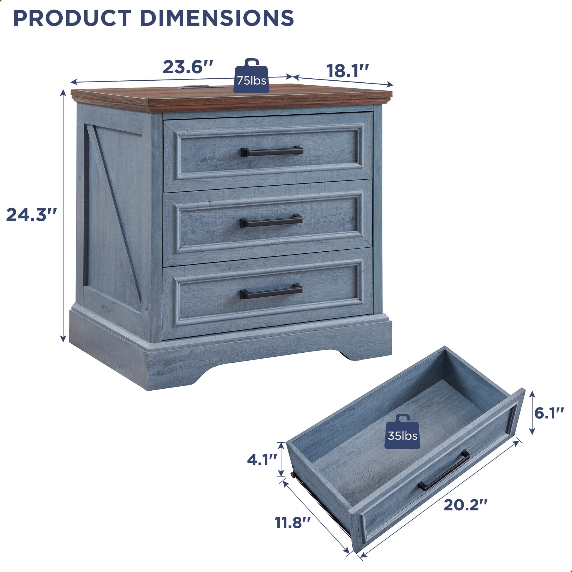 ACCOHOHO 3 Drawer Nightstand Set of 2 with Charging Station - Farmhouse End Tables, Rustic Side Tables for Bedroom & Living Room, Blue