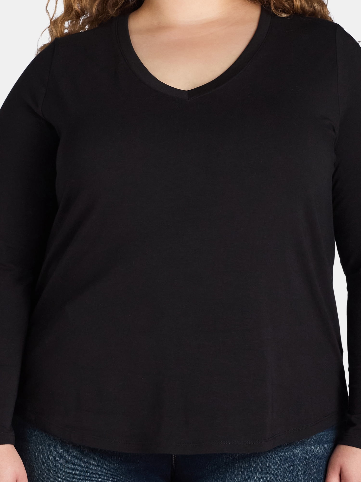 Terra & Sky Women’s Plus V Neck Tee with Long Sleeves, Available in 1 and 3-Packs, Sizes 0X-5X