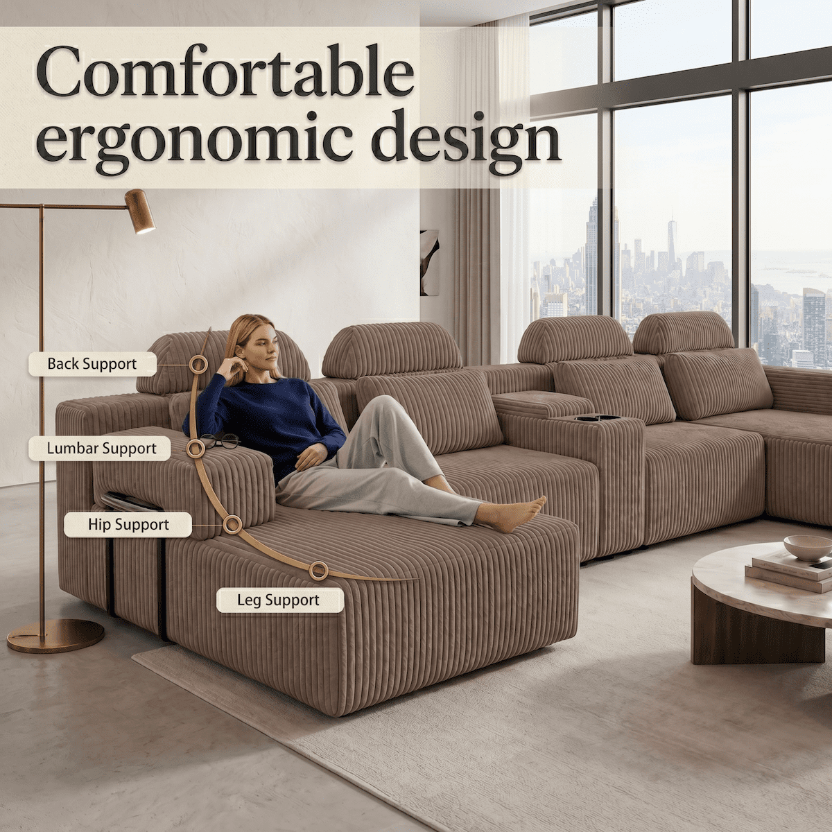 Xiweot Cloud Couch Modular Sectional Sofa, 146" Oversized 6 Seat U Shaped Convertible Couch with Chaise, Cup Holders & Storage, Corduroy Comfy Upholstered Deep Seat Sofa for Living Room, Coffee