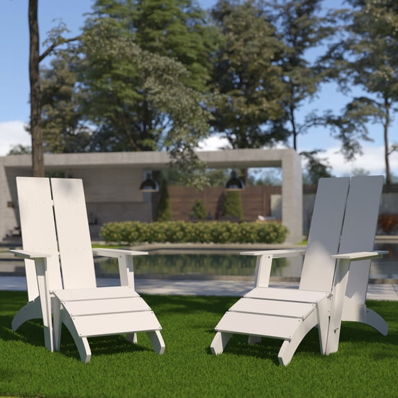 BizChair Set of 2 Modern All-Weather Poly Resin Wood Adirondack Chairs with Foot Rests in White