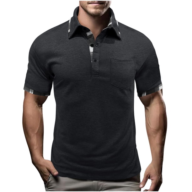 Mens Manga Corta Botón Abajo Camisas Primavera Verano Casual Cuello Cuadrado, Transpirable Punto para el Golf Y el Uso Diario
