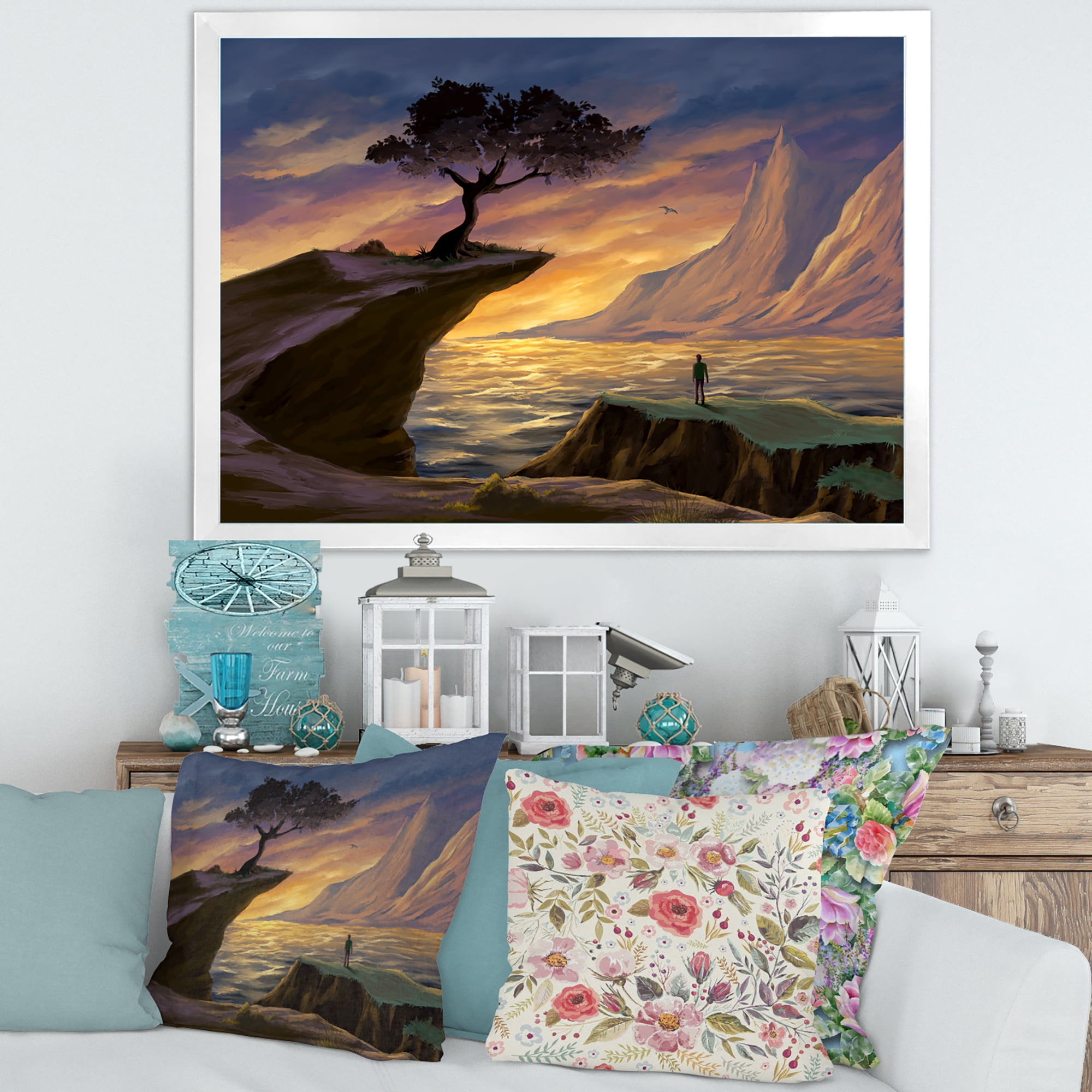 Designart 'Tree On A Sea Cliff At Evening Light' Lake House Framed Art Print