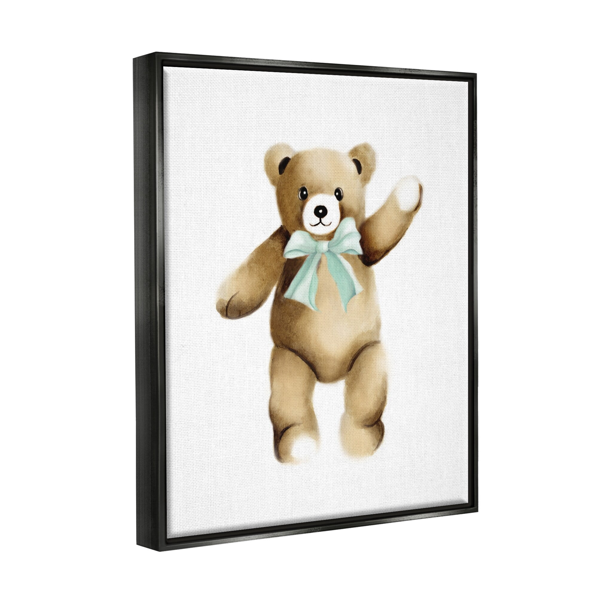 Stupell Industries Adorable Teddy Bear Nursery Animal Green Ribbon Graphic Art Jet Black Floating Framed Canvas Print Wall Art, Design by Studio Q
